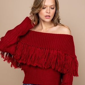 Off shoulder fringe sweater